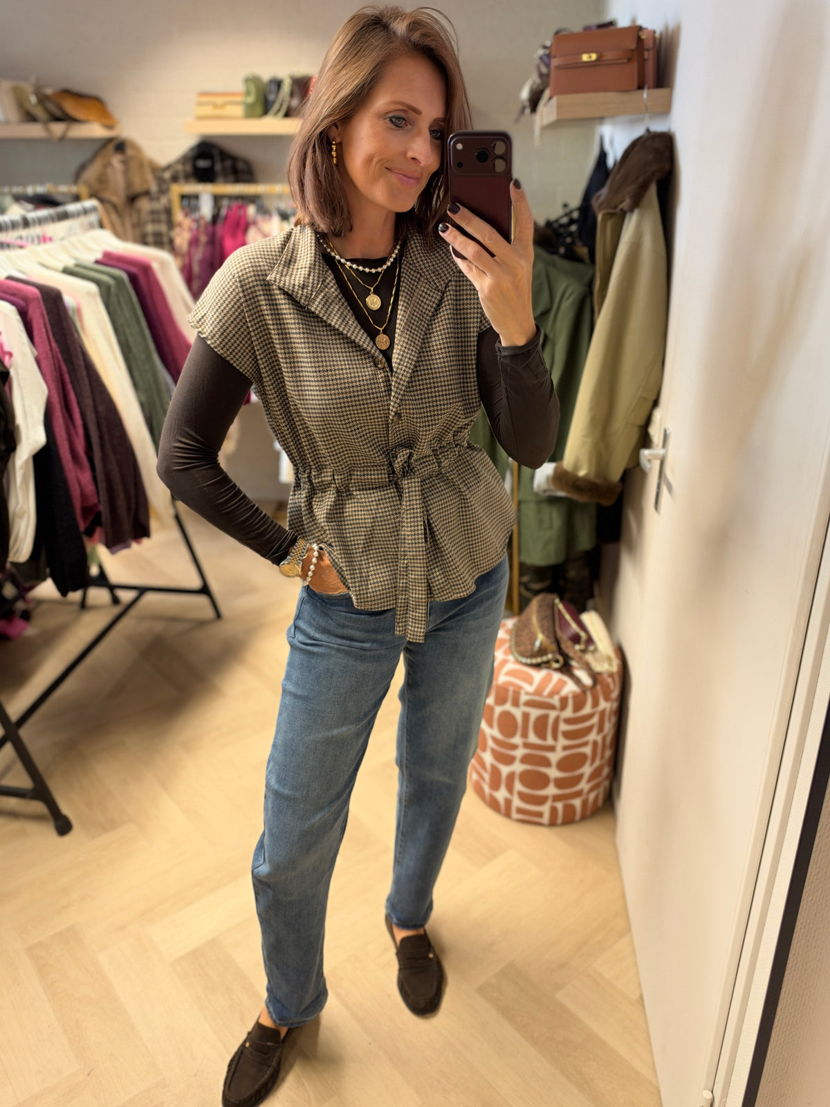 Gilet Tartan Ruit Bruin