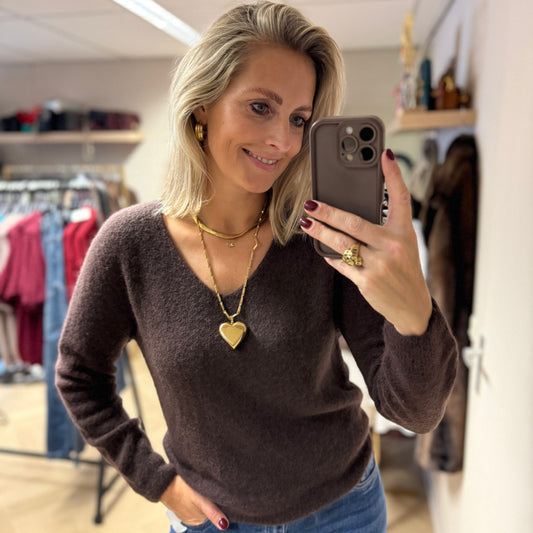 Trui Claudia V-Hals Alpaca Lange Mouw Choco