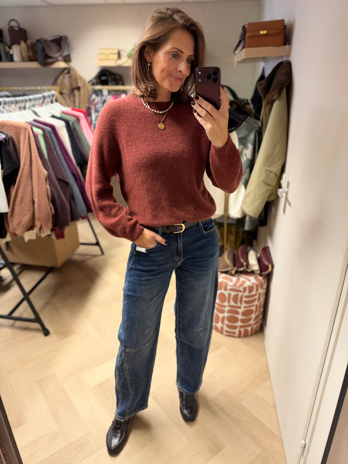 Trui Claudia Alpaca Lange Mouw Bruinrood