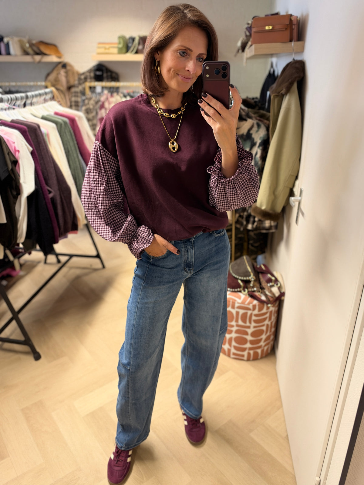 Sweater Ruitjes Mouwen Bordeaux