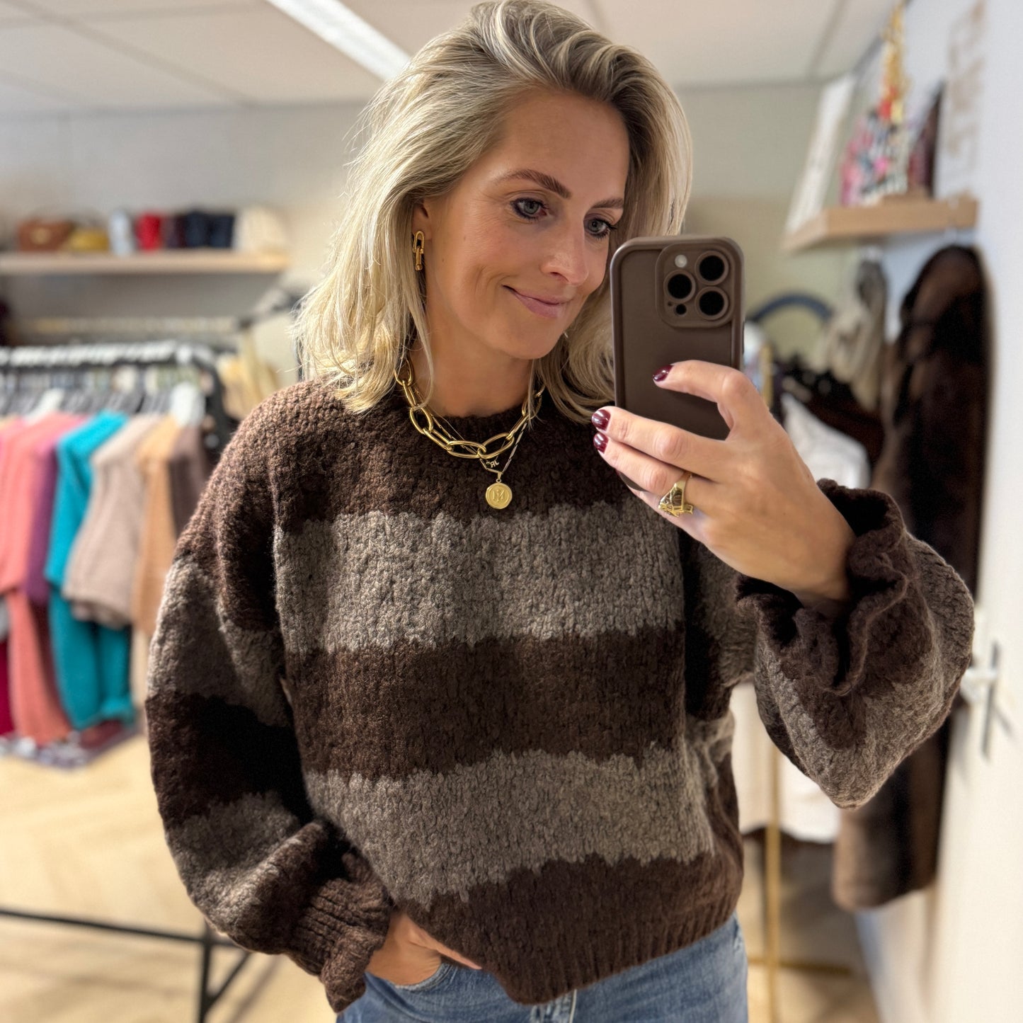 Trui Morgan Streep Bruin Taupe