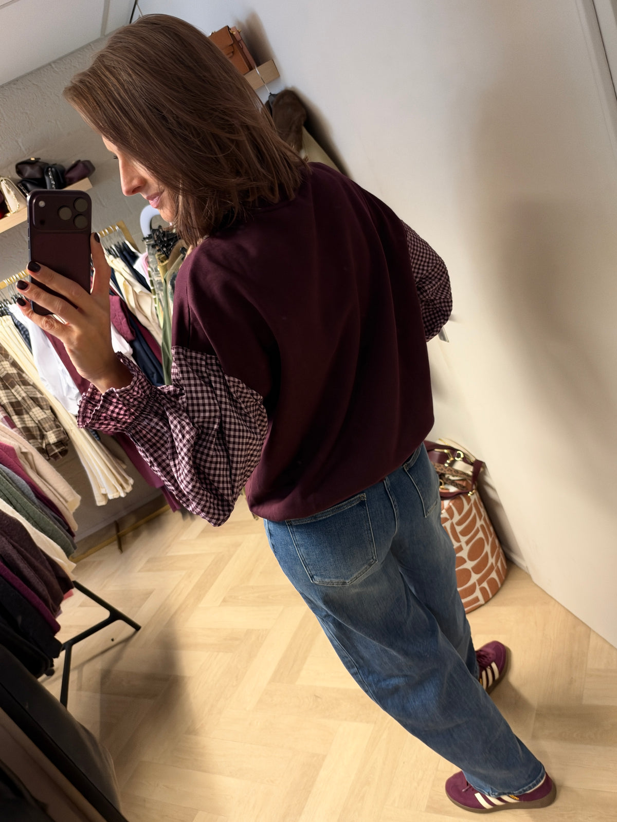 Sweater Ruitjes Mouwen Bordeaux