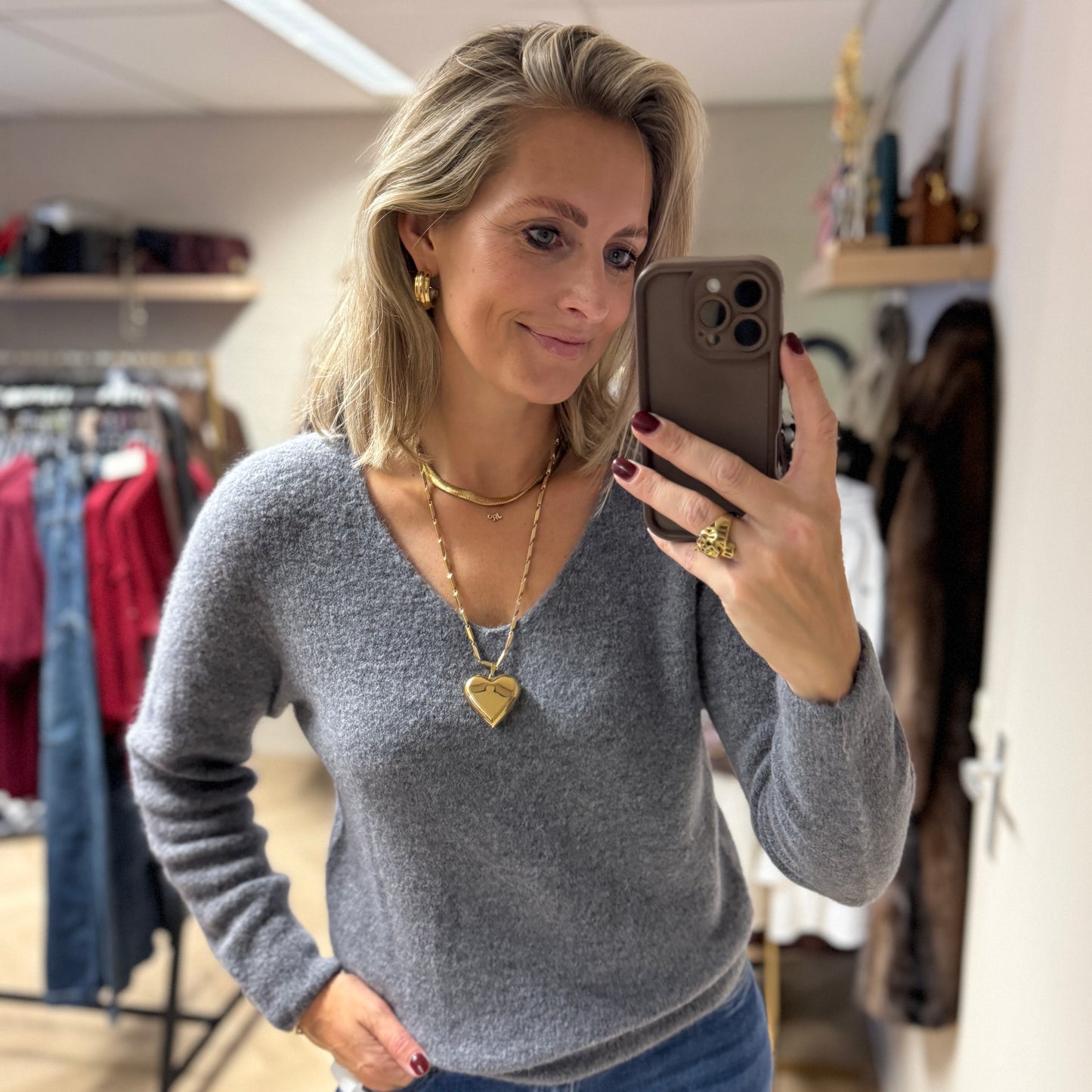 Trui Claudia V-Hals Alpaca Lange Mouw Grijs