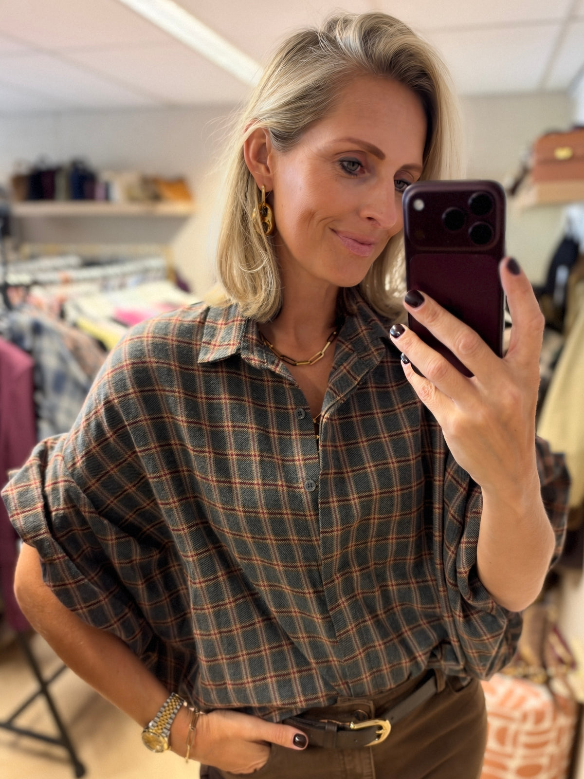 Blouse Mila Ruit Ballonmouwen Grijs Bordeaux