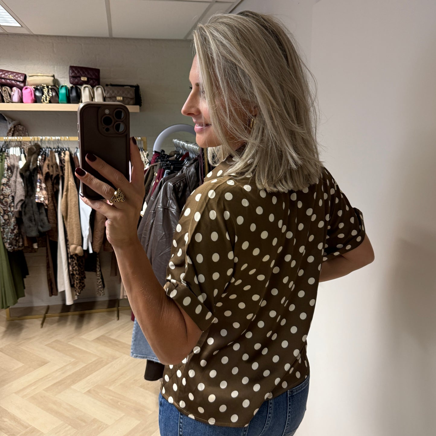 Blouse Mave Polkadot Satijn Bruin