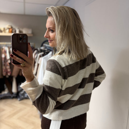 Trui Polo Streep Taupe Offwhite