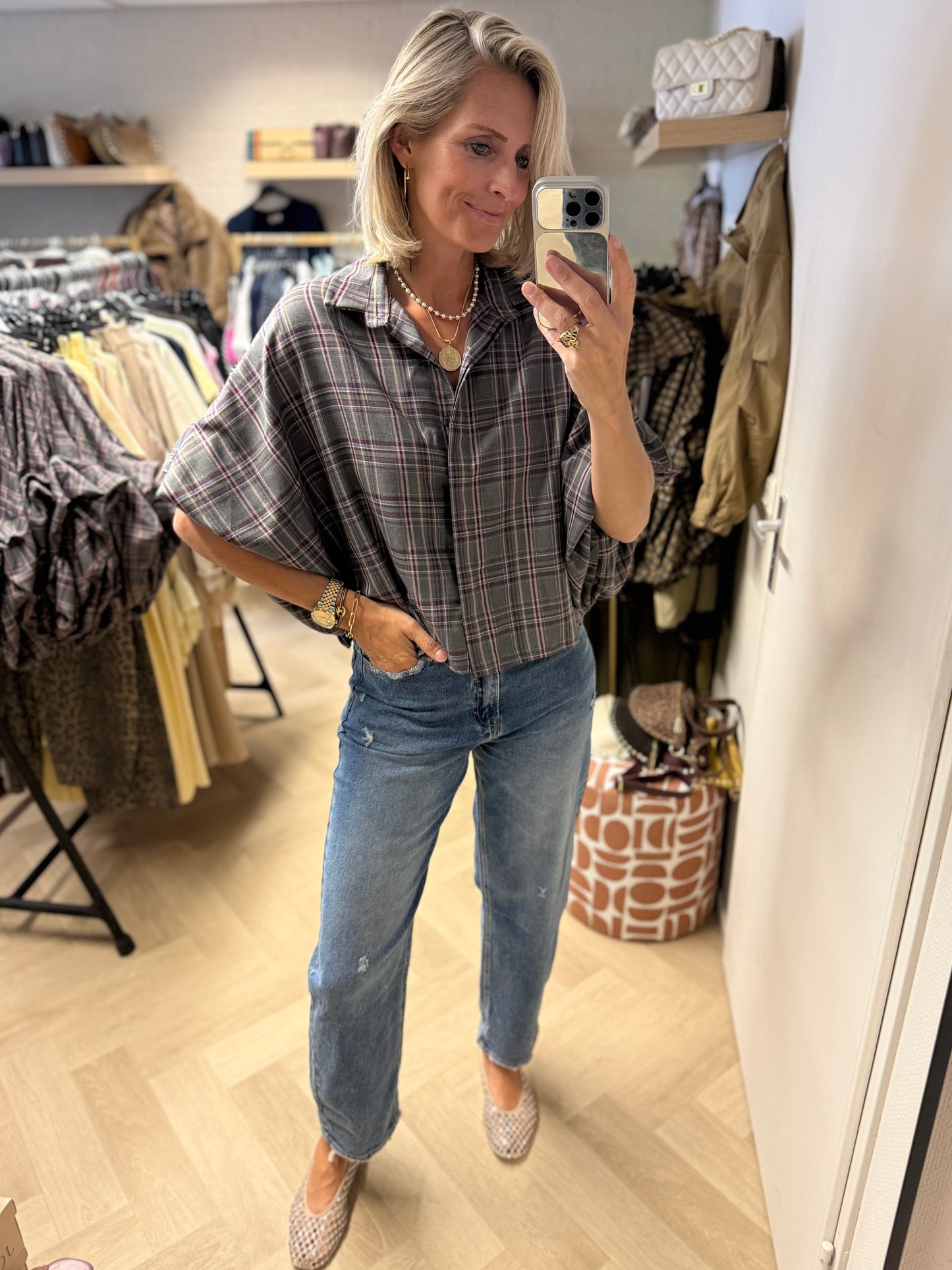 Blouse Mila Ruit Ballonmouwen Grijs