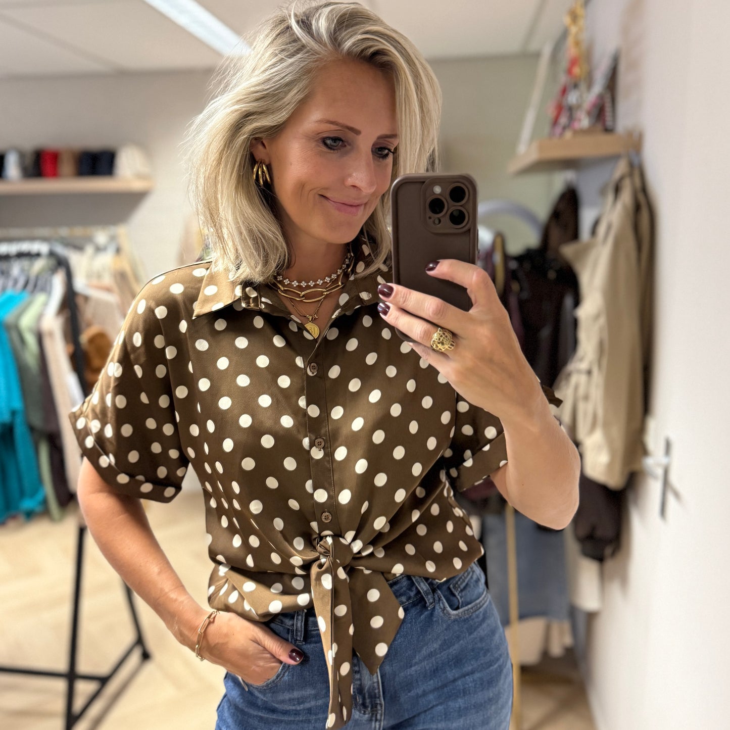 Blouse Mave Polkadot Satijn Bruin