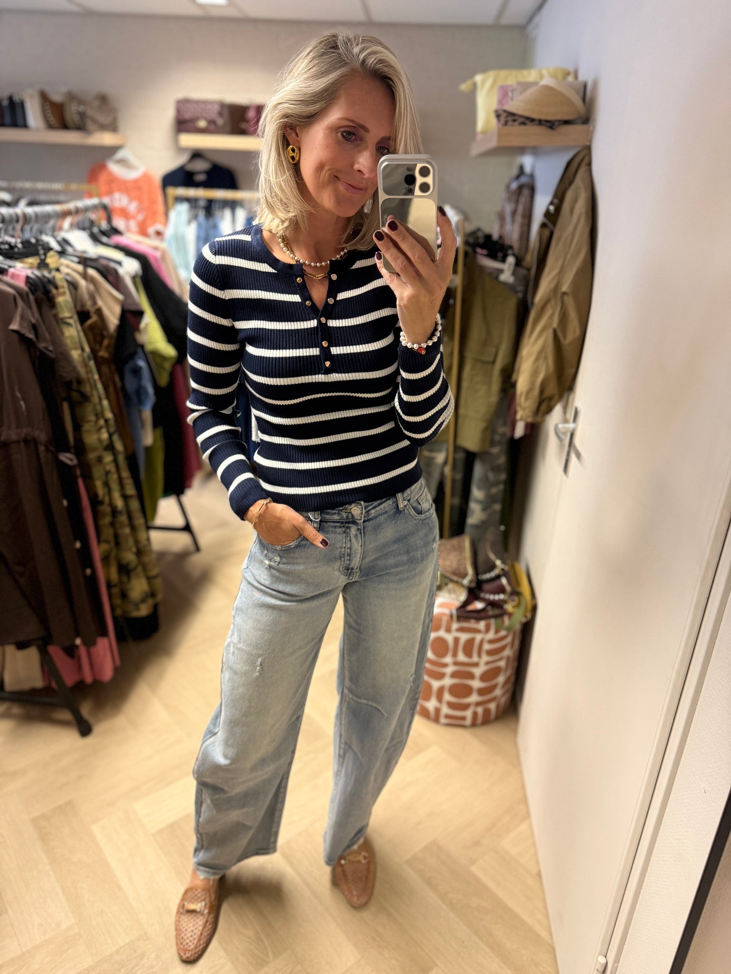 Shirt Khloe Rib Knoopjes LM Blauw Wit