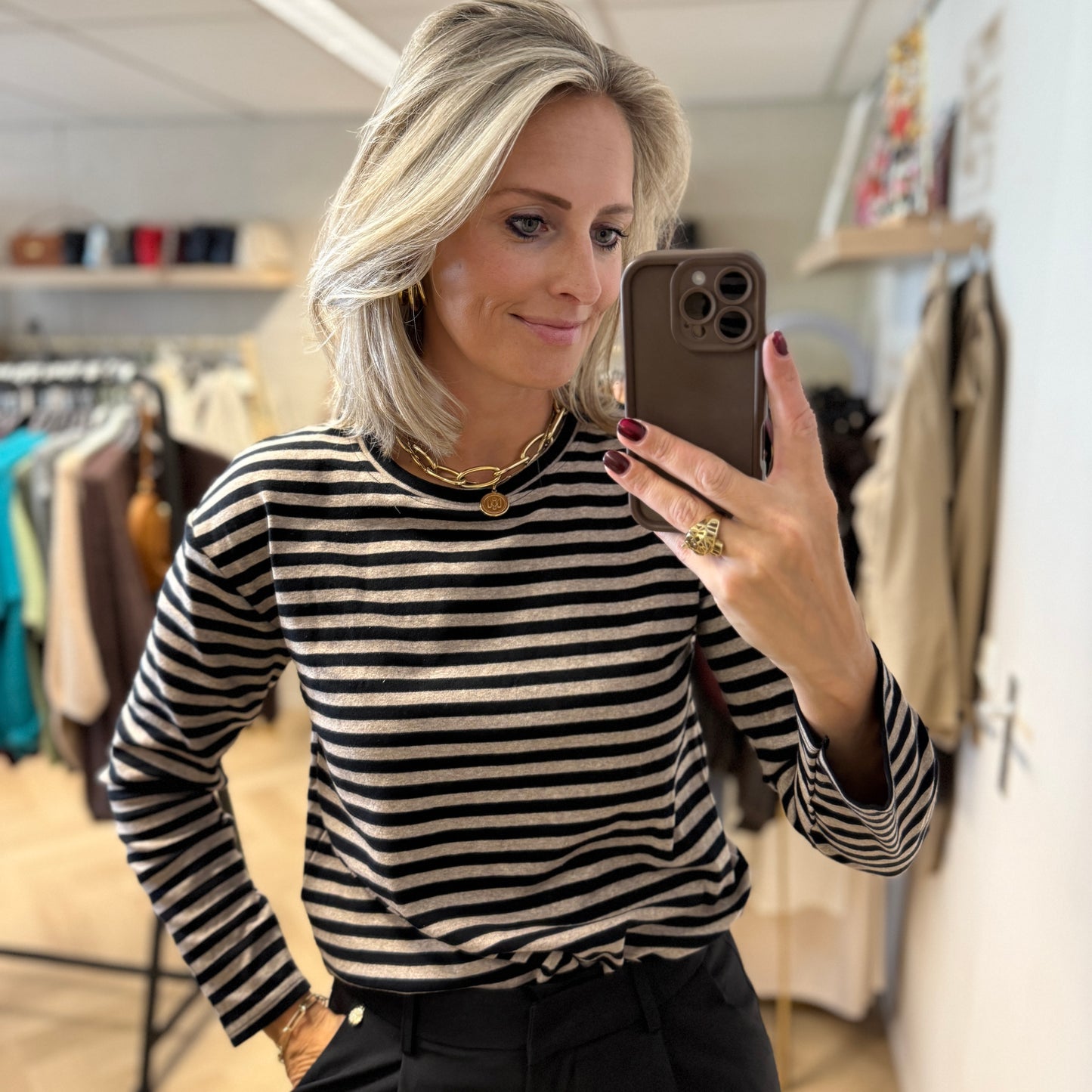 Shirt Emma Lange Mouw Taupe Zwart