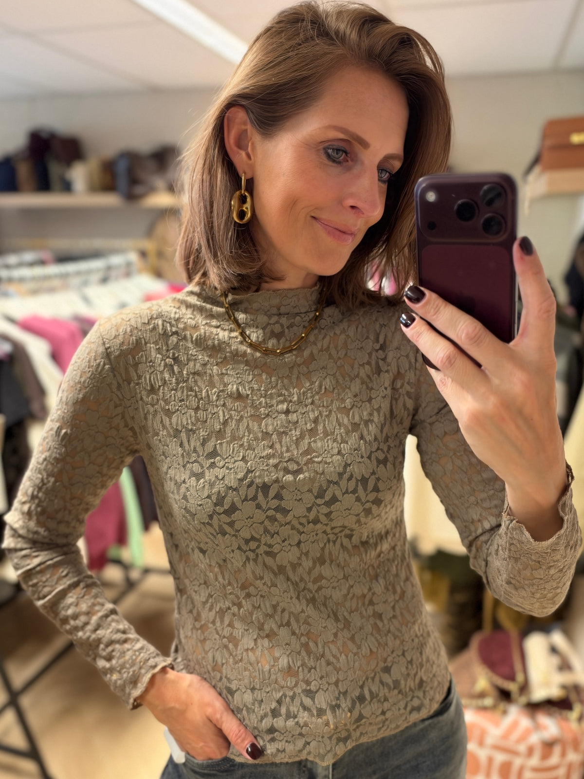 Lace Shirt Lange Mouw Taupe