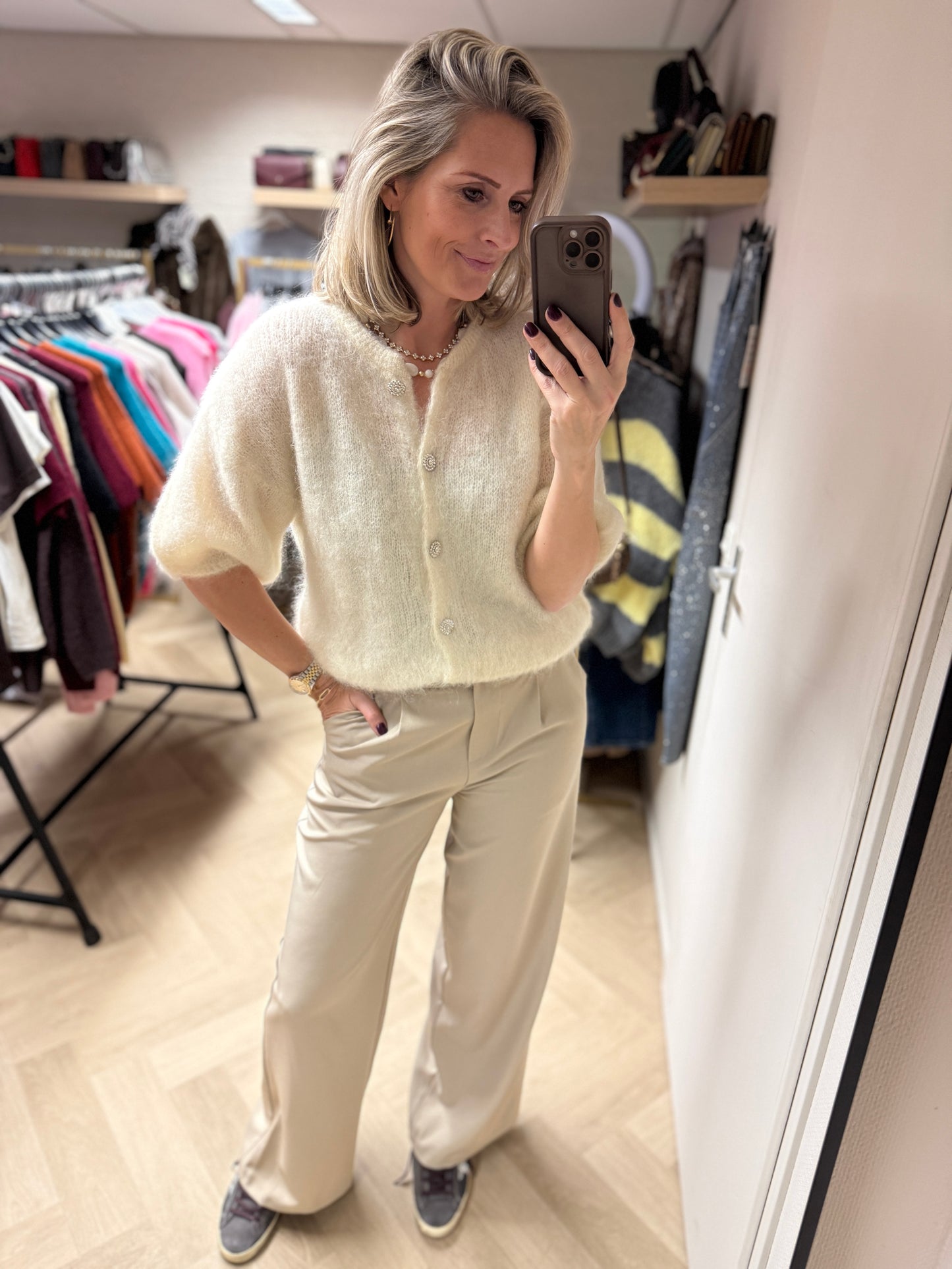 Vest Mohair Strass Knoop Ecru