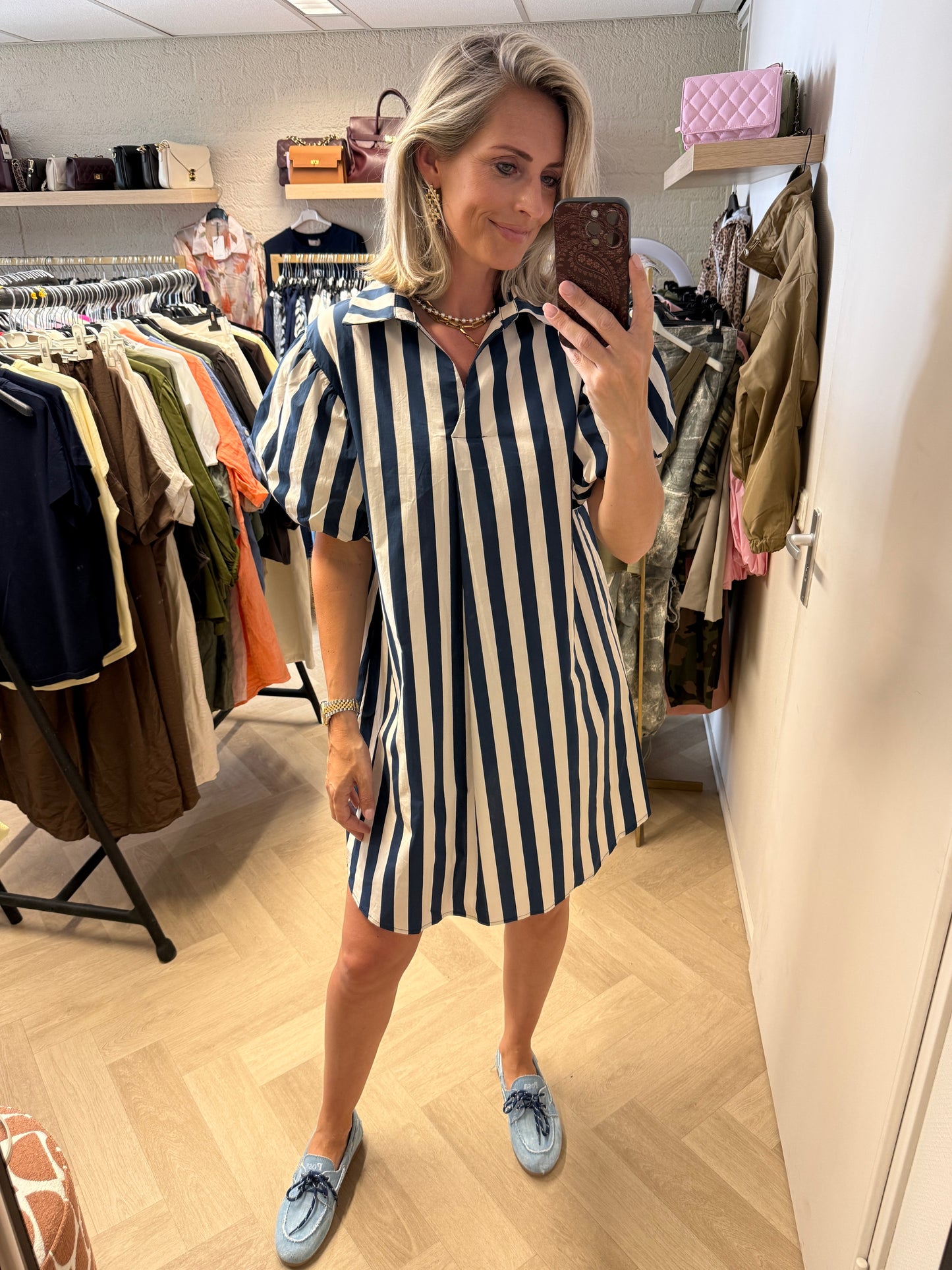Jurk Dani Streep Donkerblauw Ecru