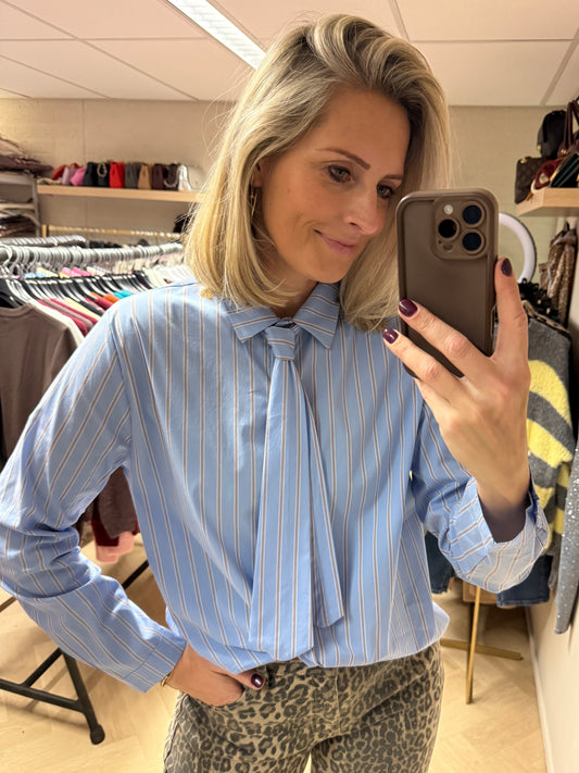 Blouse Stropdas Streep Lichtblauw Bruin