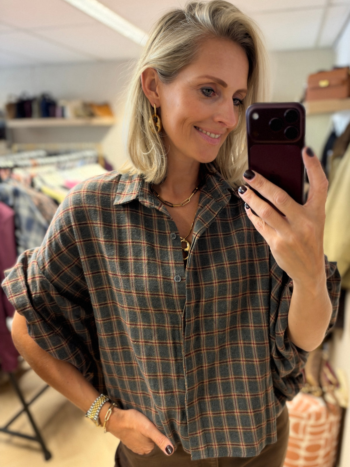 Blouse Mila Ruit Ballonmouwen Grijs Bordeaux