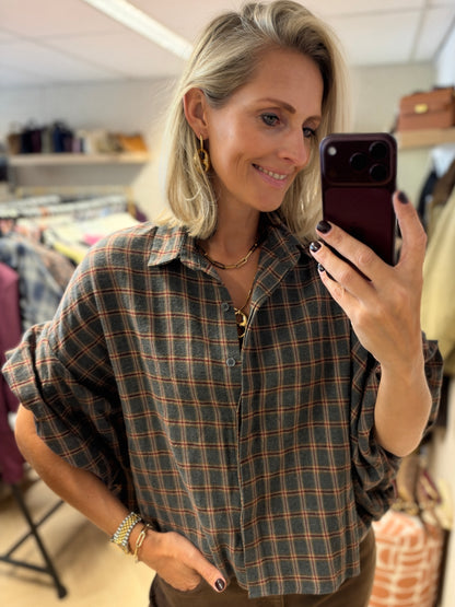 Blouse Mila Ruit Ballonmouwen Grijs Bordeaux