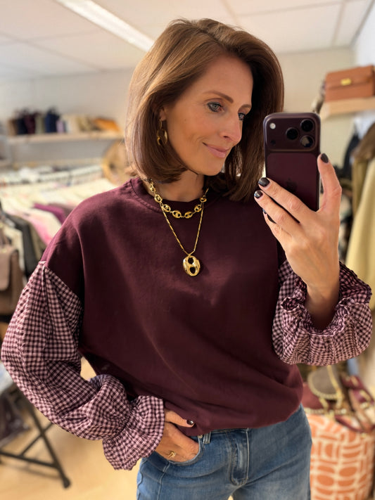 Sweater Ruitjes Mouwen Bordeaux