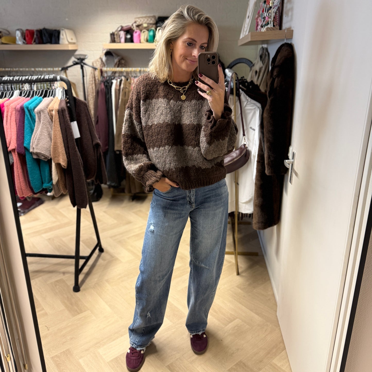 Trui Morgan Streep Bruin Taupe