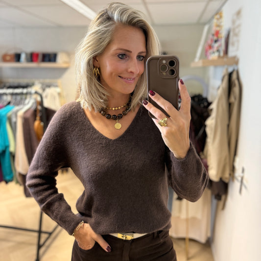 Trui Claudia V-Hals Alpaca Lange Mouw Choco