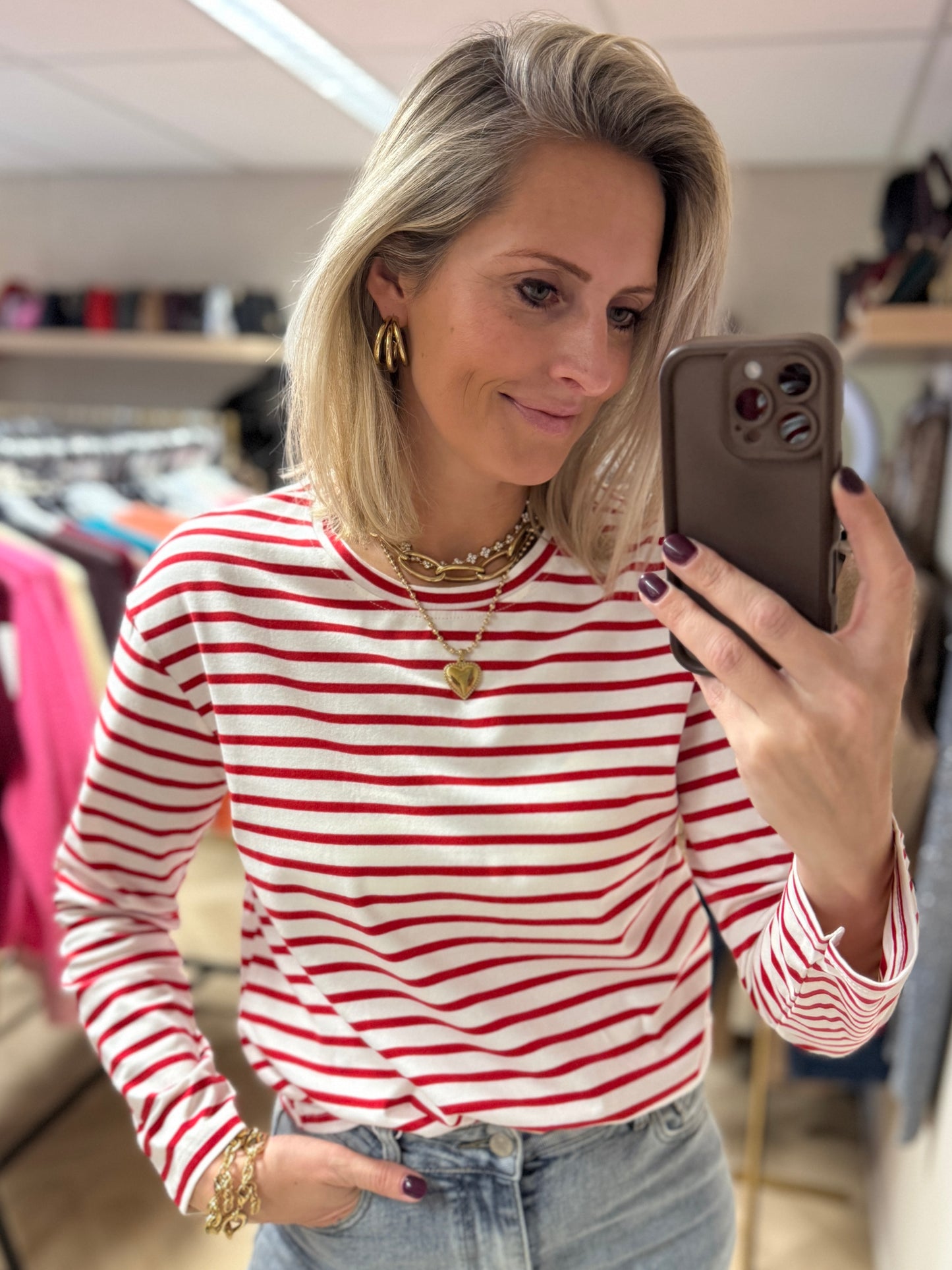 T-shirt Emma Katoen Streep Rood Wit