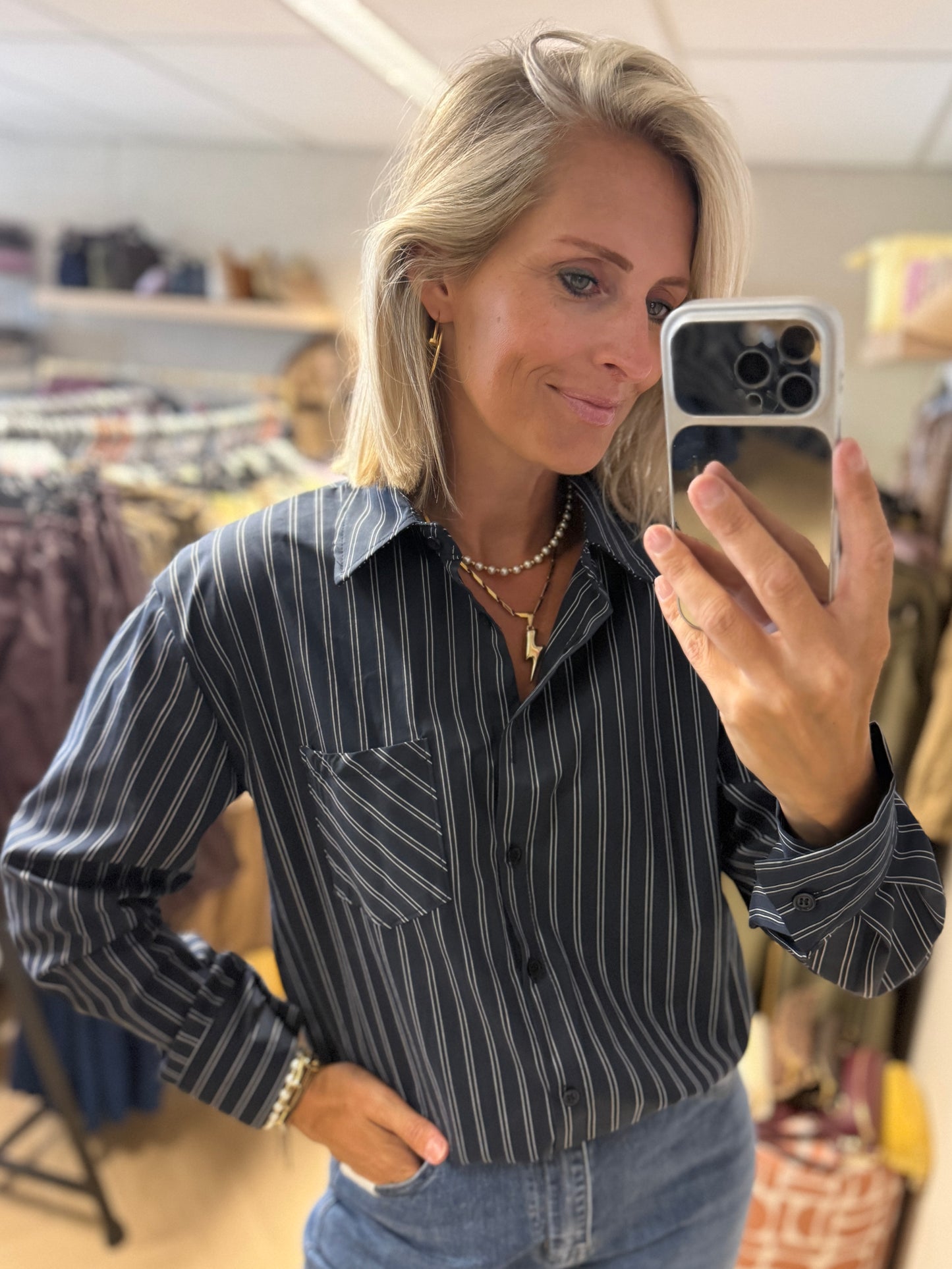 Blouse Eef Streep LM Donkerblauw