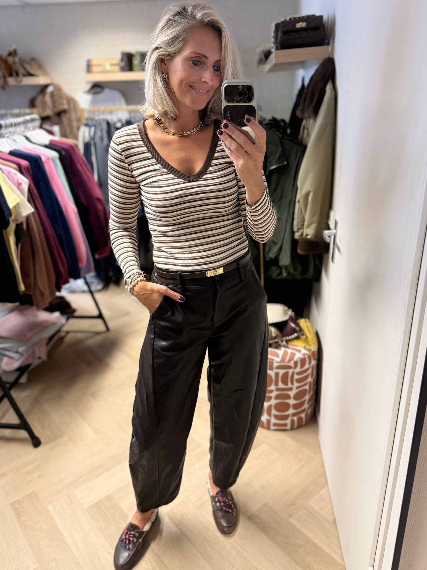 Shirt V-Hals Streep Ecru