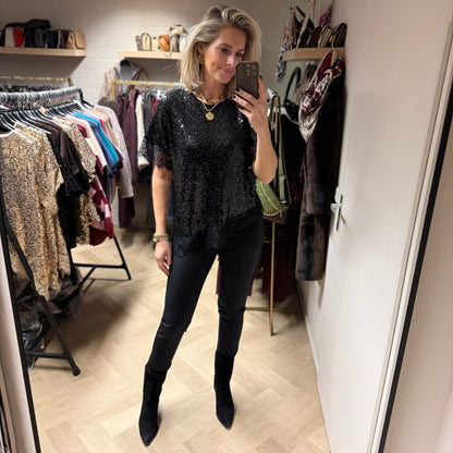 Shirt Lena Schuin Paillet Kant Zwart