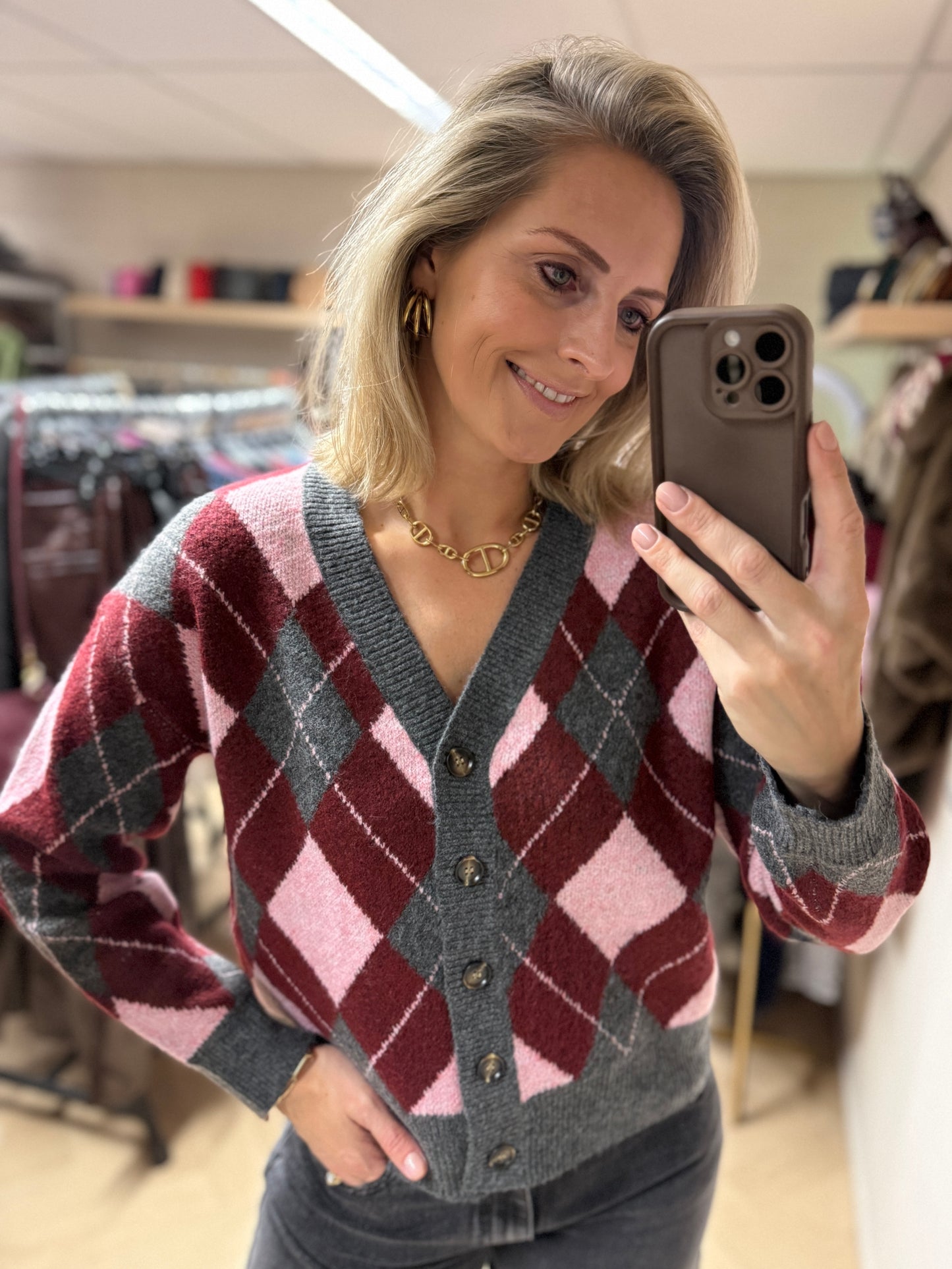 Vest Mary Argyle V-hals Grijs Bordeaux Roze