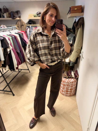 Blouse Mila Ruit Ballonmouwen Bruin Creme