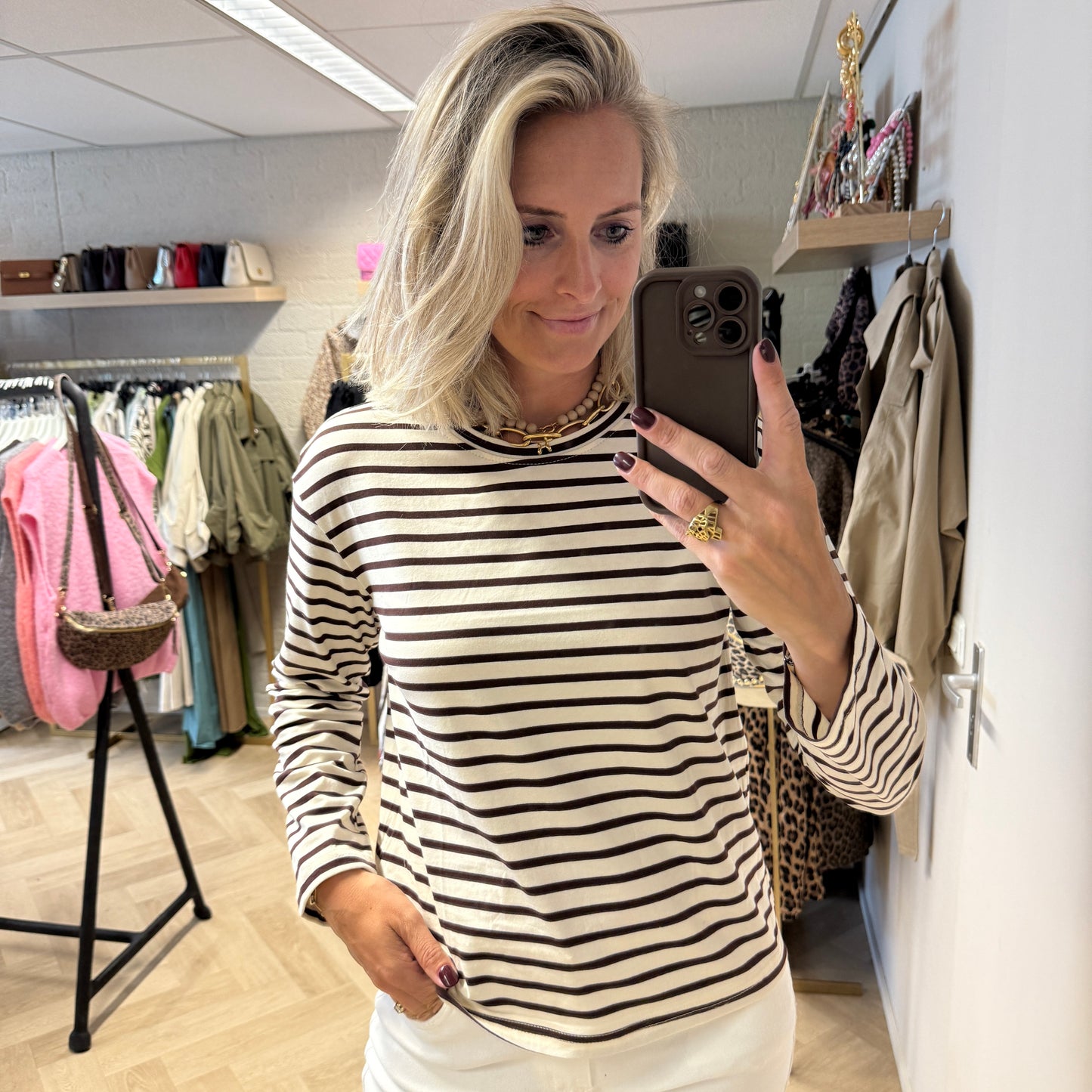 T-shirt Emma Katoen Streep Choco Lange Mouw
