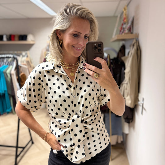 Blouse Mave Polkadot Satijn Offwhite Zwart