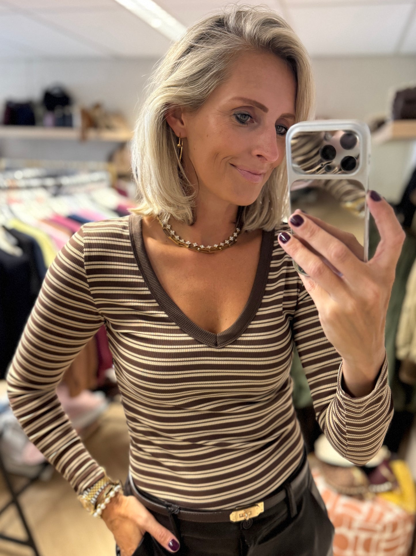 Shirt V-Hals Streep Choco