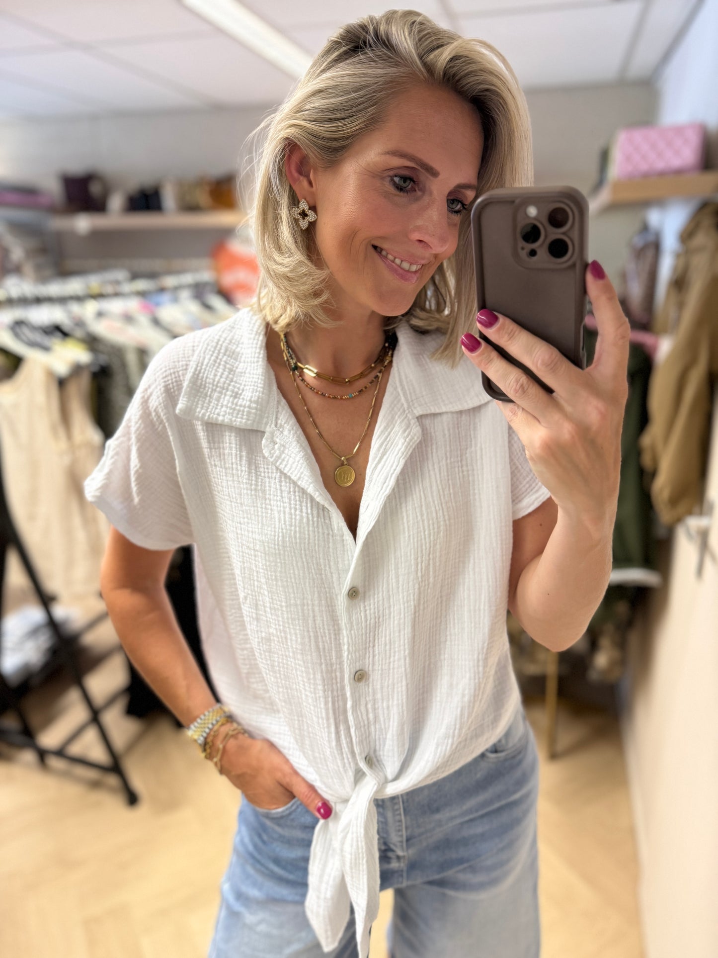 Blouse Mousseline Knoop Wit