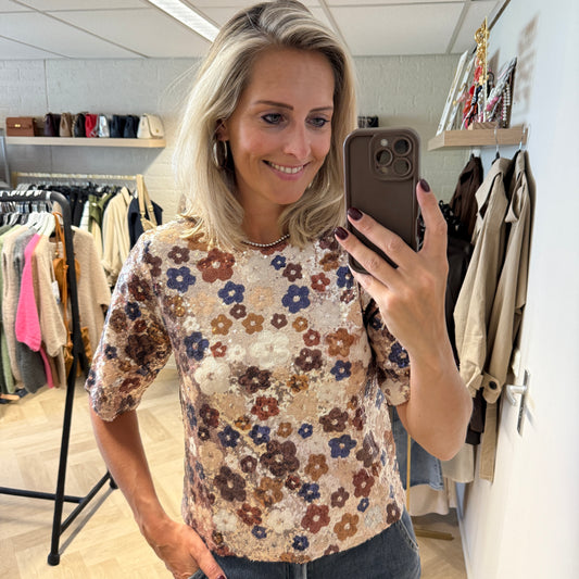 Top Paillet Flowers Beige