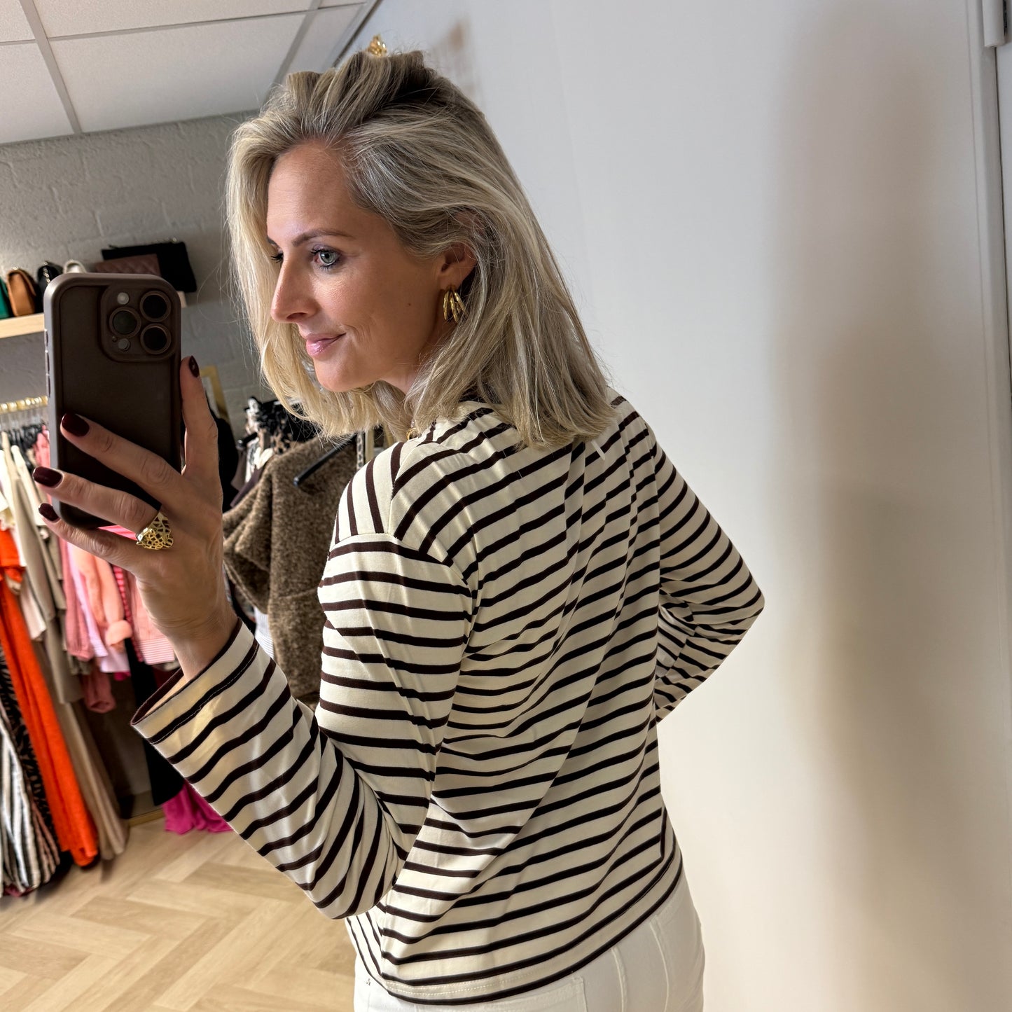T-shirt Emma Katoen Streep Choco Lange Mouw