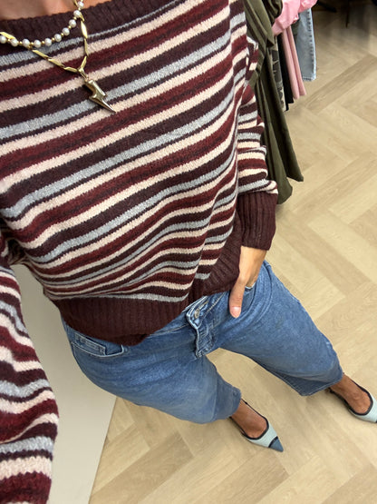 Trui Off Shoulder Streep Burgundy