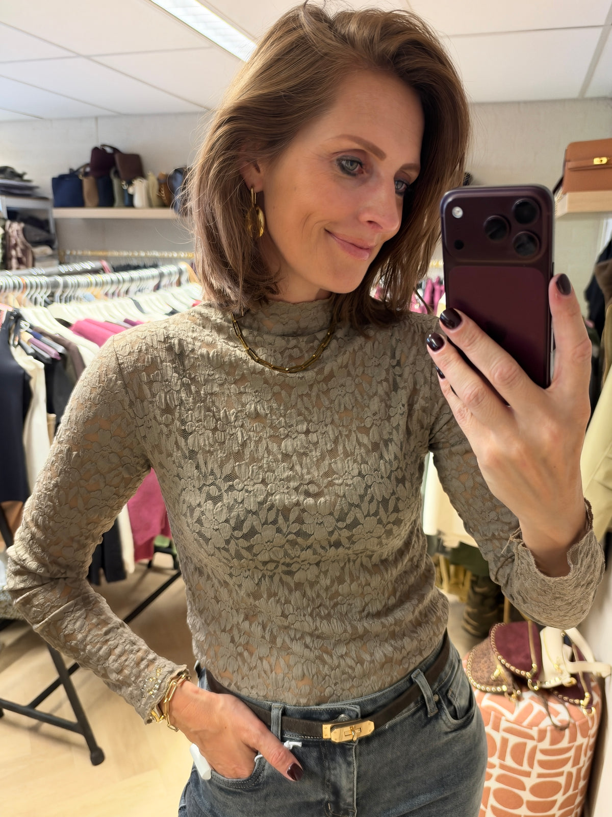 Lace Shirt Lange Mouw Taupe