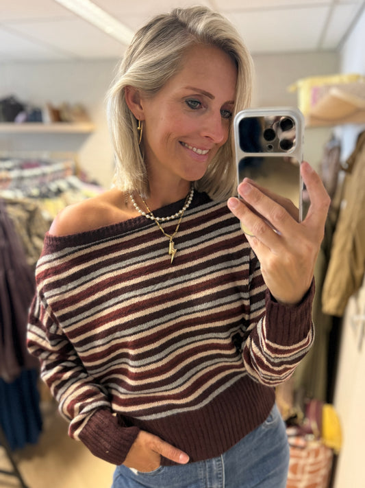 Trui Off Shoulder Streep Burgundy