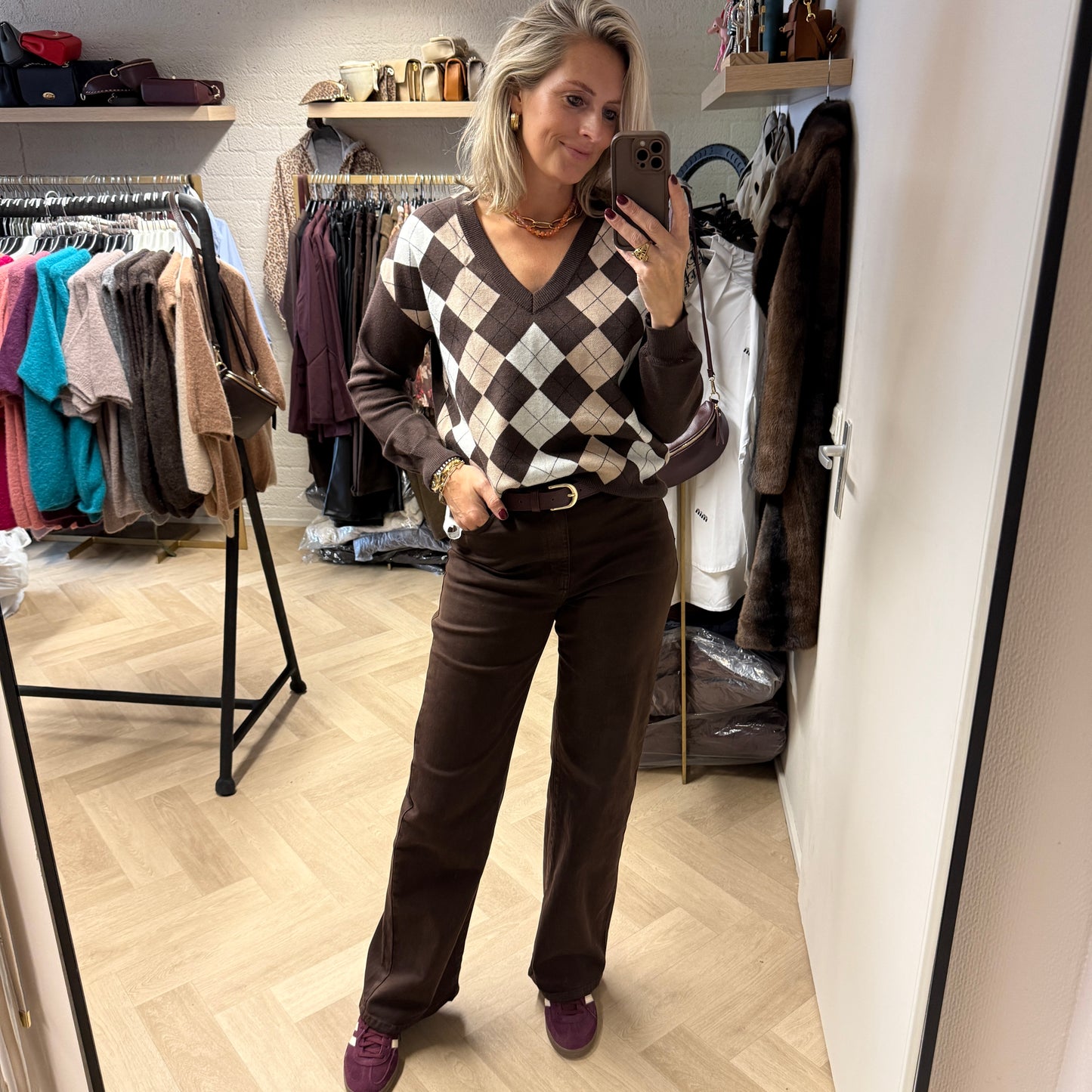 Trui Charlot Argyle Ruit Viscose Choco